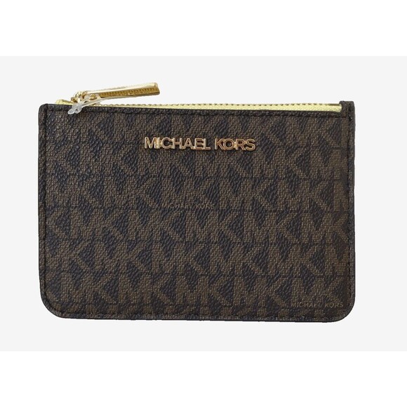 New Michael Kors Jet Set Travel small TZ coin pouch ID window Brown / Buttercup - Picture 1 of 4